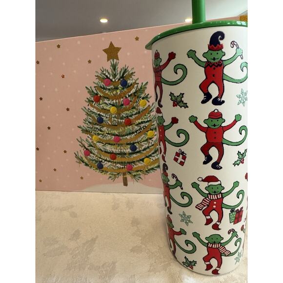 Starbucks x Roller Rabbit Stainless Steel Tumbler Cup Holiday Monkey 2025 - Picture 1 of 5